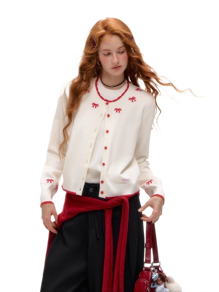 Bow Jacquard Contrast Knit Cardigan