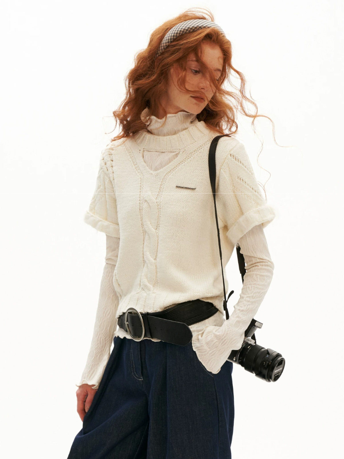 Textured Openwork Puff Sleeve Knit Top