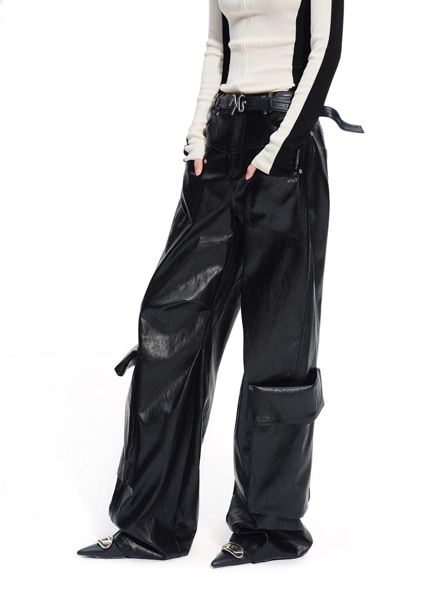 Punk-Style Eco Textured Faux Leather Wide-Leg Pants