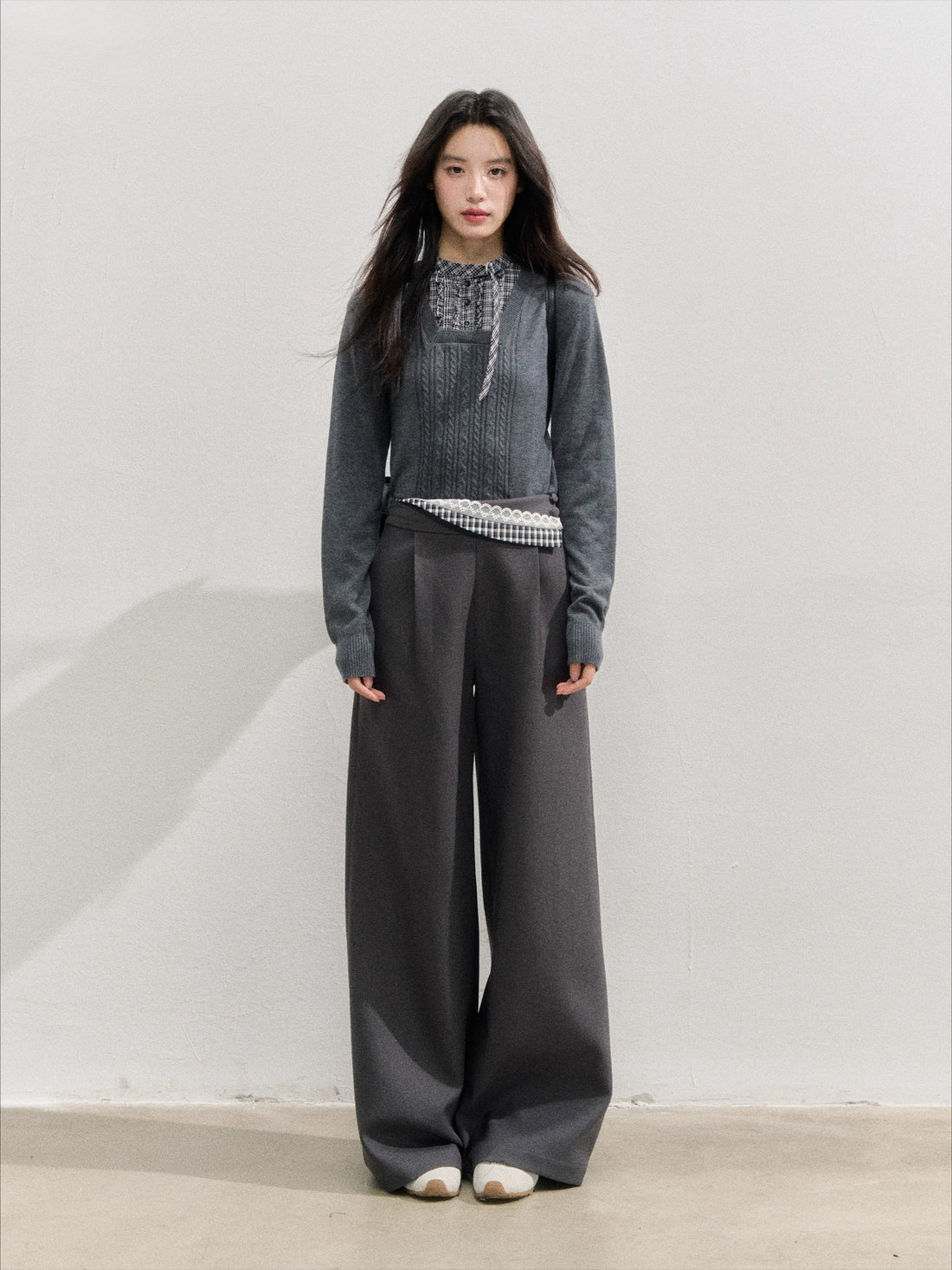 Deep Gray Plaid Waist Straight Pants