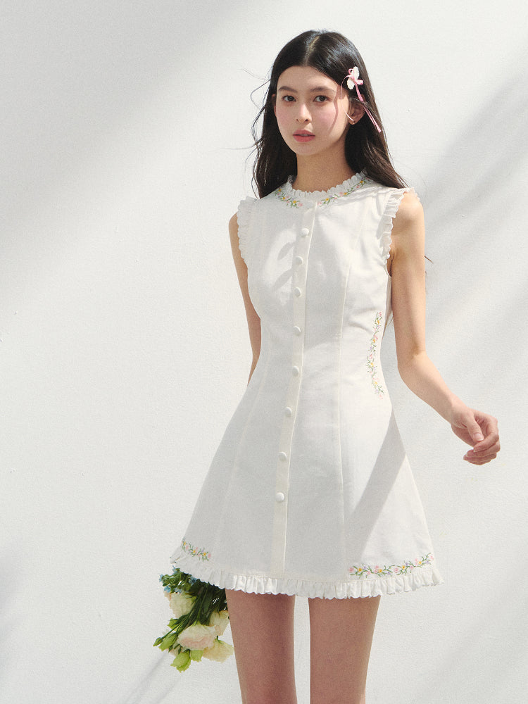 Embroidered Floral Waist-Tie Dress