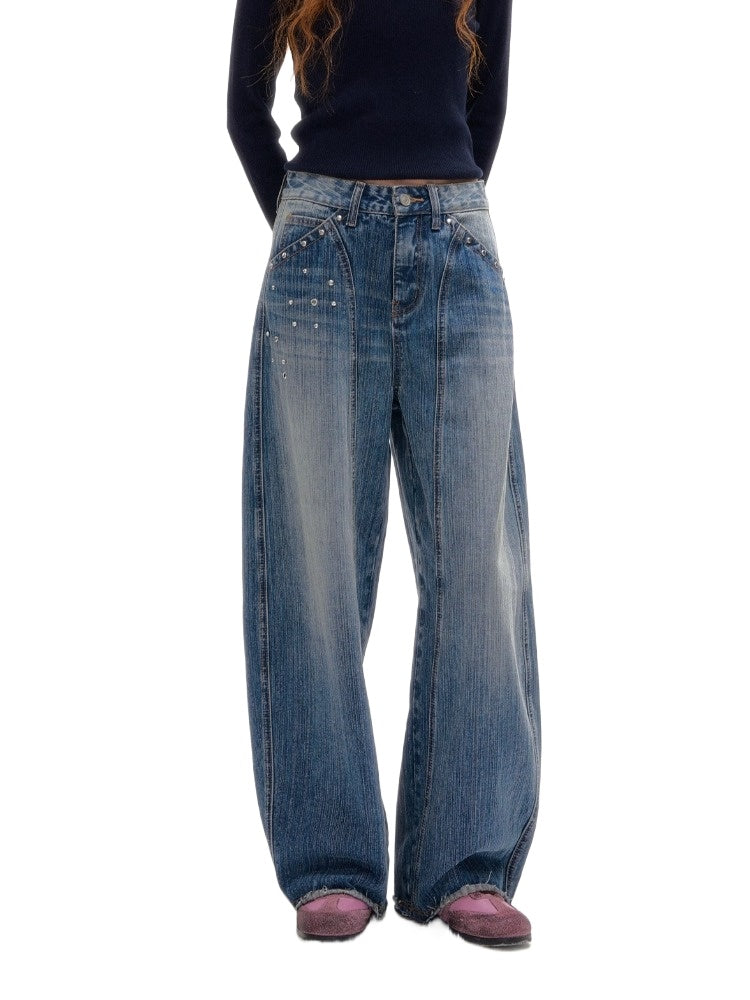 Blue Vintage Studded Wide-Leg Jeans