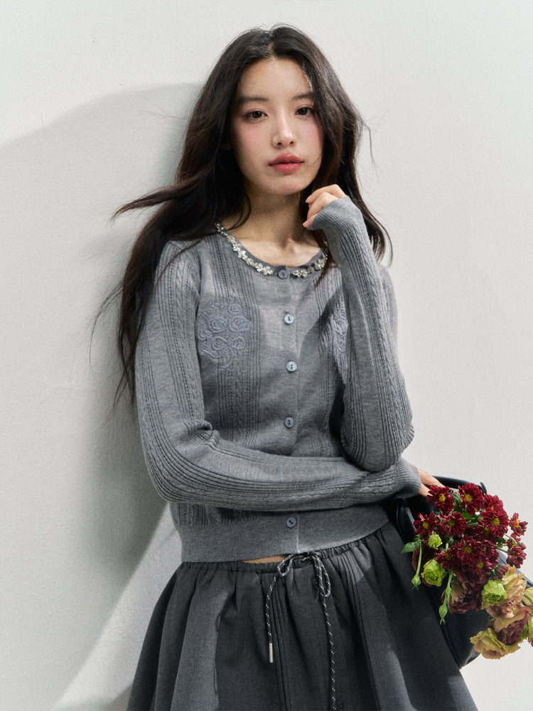 Handmade Rhinestone Collar Rose-Embroidered Knitted Cardigan