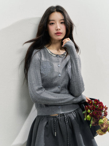 Handmade Rhinestone Collar Rose-Embroidered Knitted Cardigan
