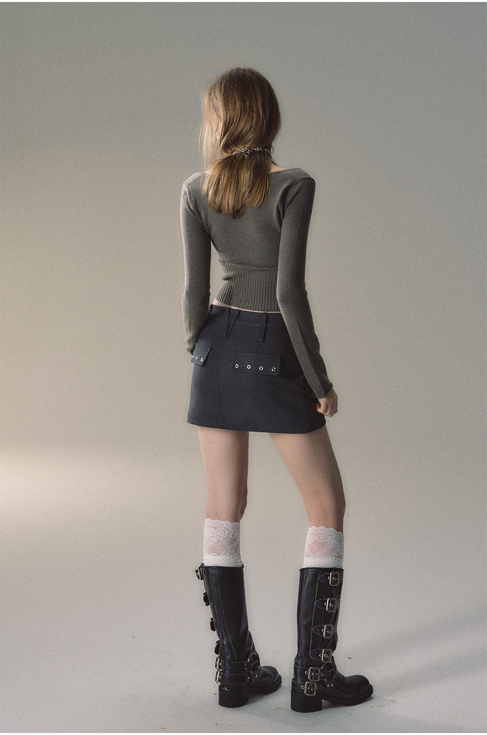 Green &amp; Apricot Halter 2-in-1 Knitted Short Sweater