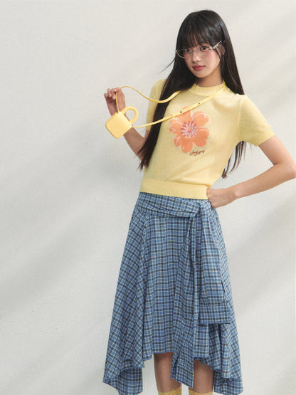 Blue Checkered Irregular Tie-Waist Skirt