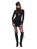 High Neck Cutout Knit A-Line Dress