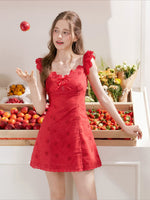 Red Embroidered Ruffle Dress
