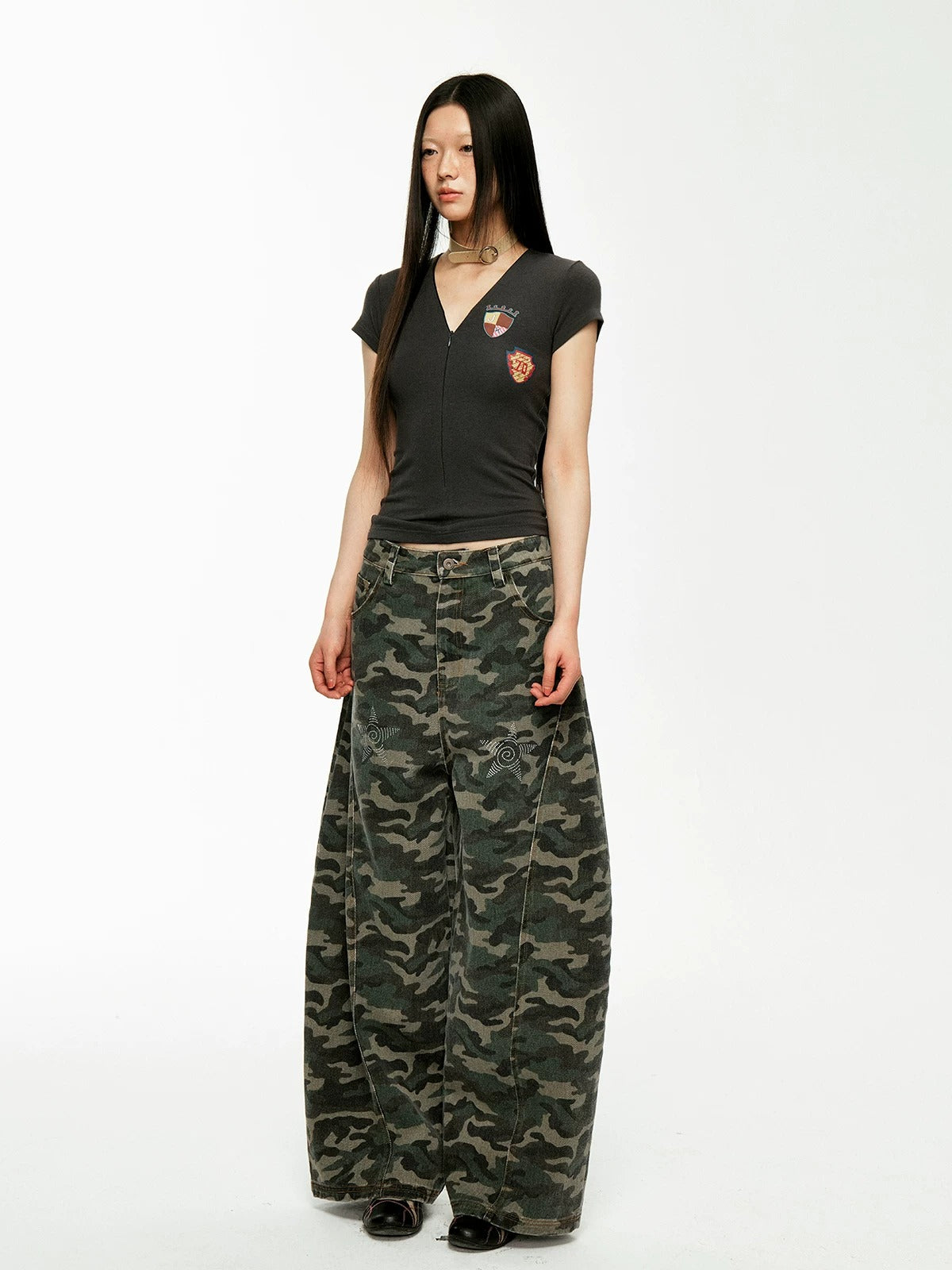 Washed Camo Wide Leg Jeans