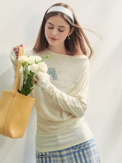 Floral Print Pleated Long-Sleeve T-shirt