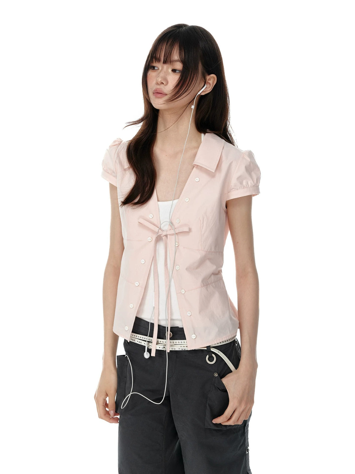Tie Waist Puff Sleeve Short Blouse