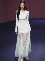 Lyocell Fake Two-piece Sheer Blouse & Skirt Set