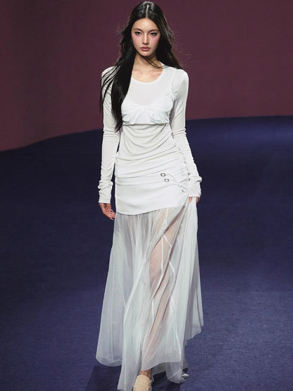 Lyocell Fake Two-piece Sheer Blouse &amp; Skirt Set