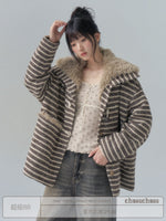 Striped Horn-Button Collar Coat