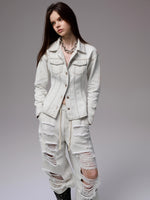 Distressed White Structured Denim Jacket
