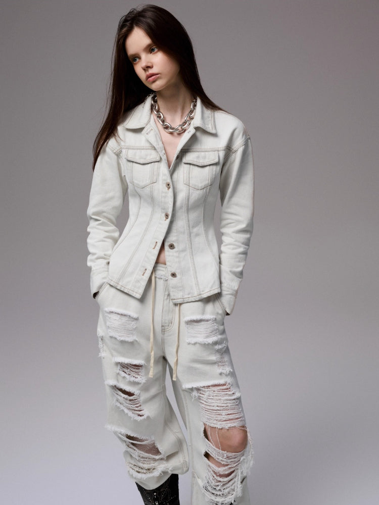 Distressed White Structured Denim Jacket