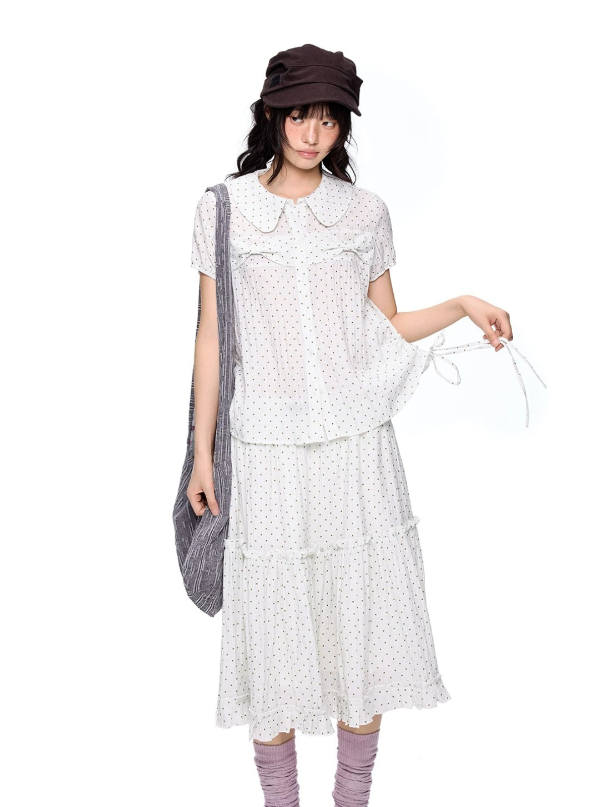 Polka Dot Collar Shirt &amp; Skirt Set