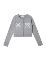 Bow Appliqué Round-Neck Knit Cardigan