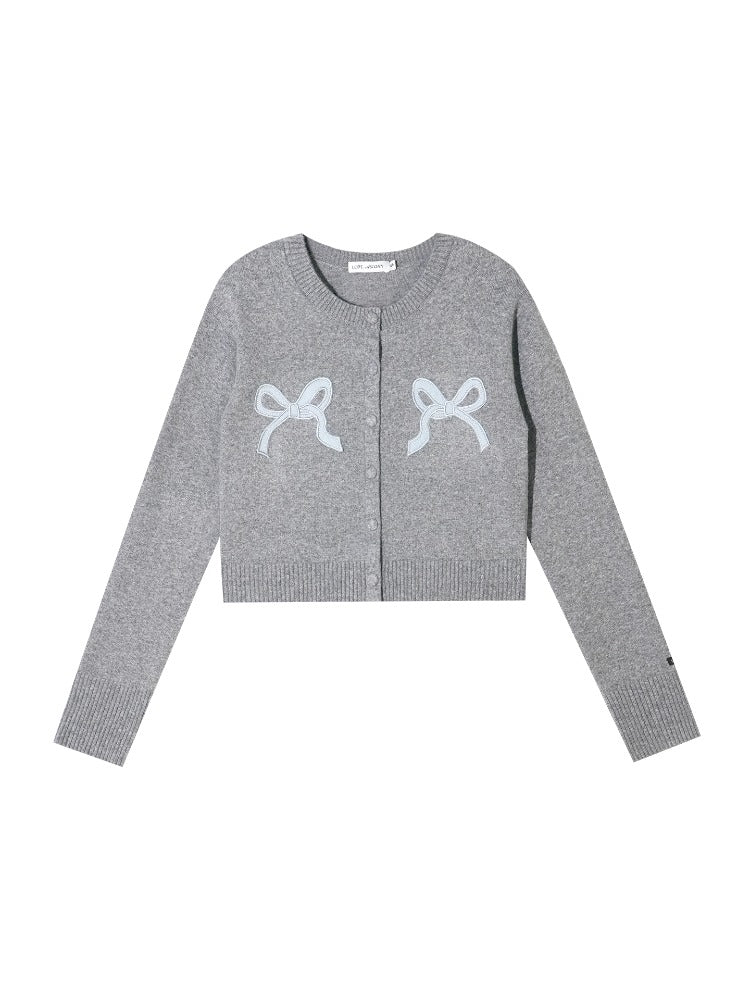 Bow Appliqué Round-Neck Knit Cardigan