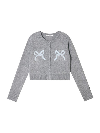 Bow Appliqué Round-Neck Knit Cardigan