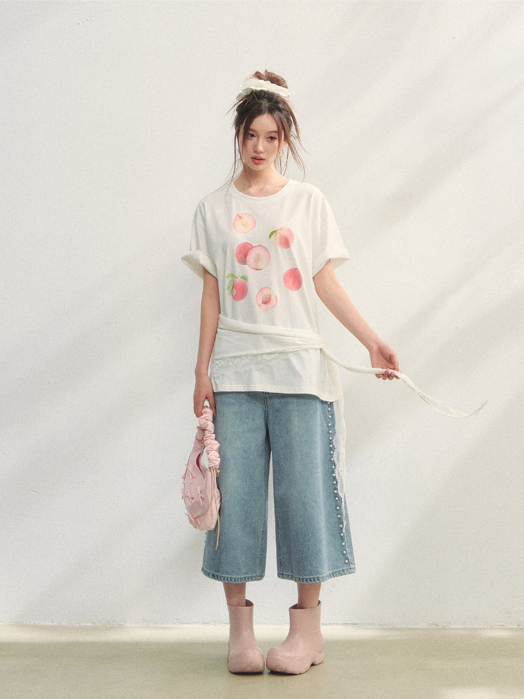Fruit Print Lace-Trimmed Tie-Up T-shirt