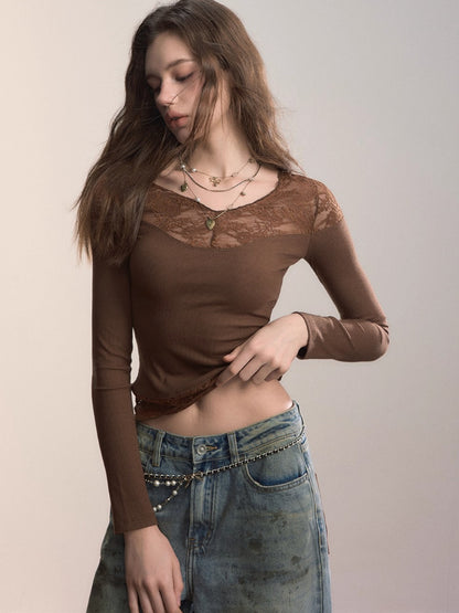 Lace-Trim V-Neck Long-Sleeve Knit Top
