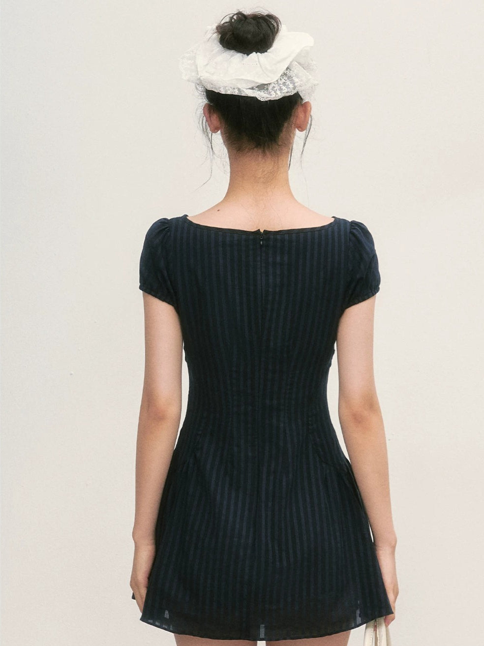Navy Blue Tie-Waist Puff Mini Dress