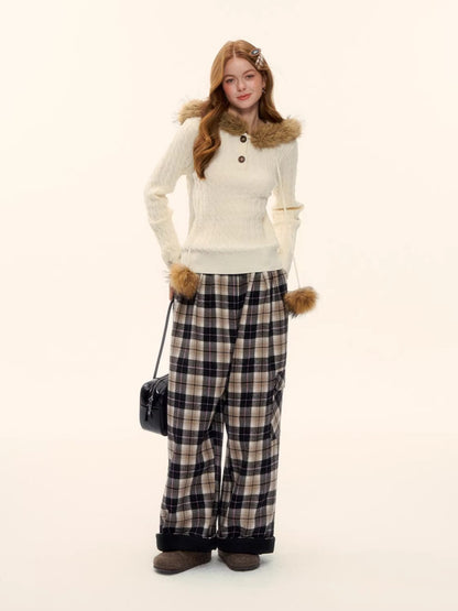 Contrast Plaid Wide-Leg Pants