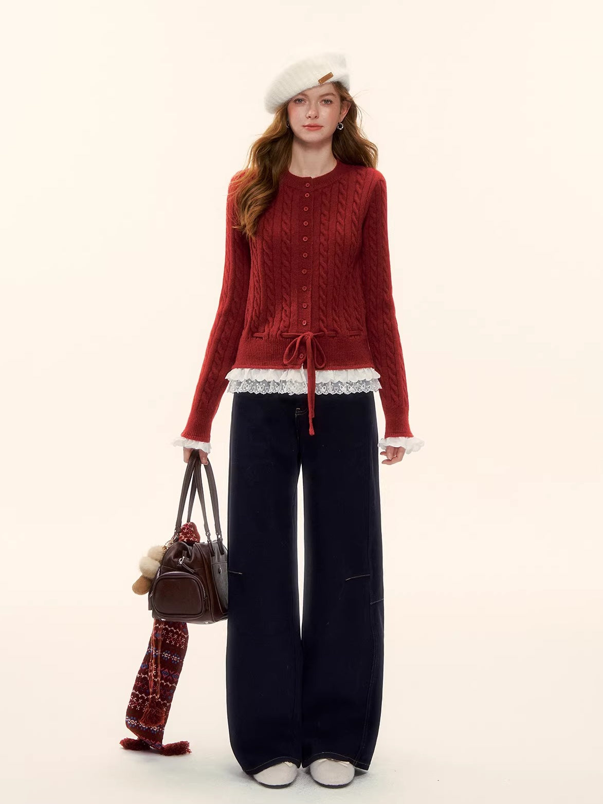 Cable Knit Lace Hem Drawstring Sweater