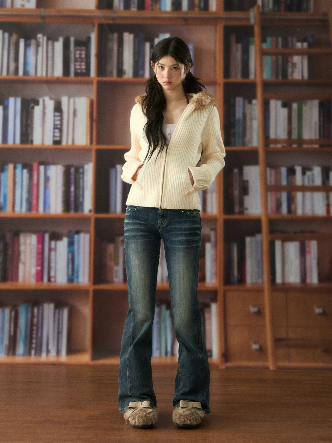 Fawn Fur Collar Ribbed Knit Cardigan