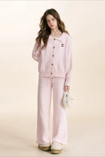 Pink Knit Turn-Down Collar Cardigan Set