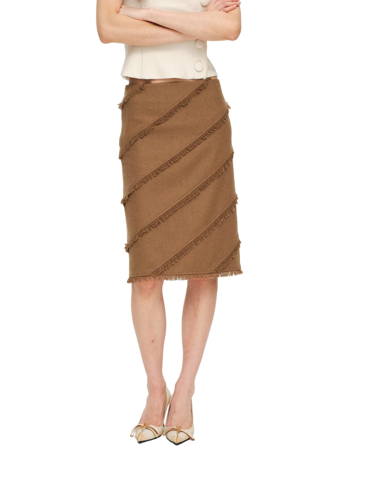Asymmetric Fringed Wool Blend Skirt