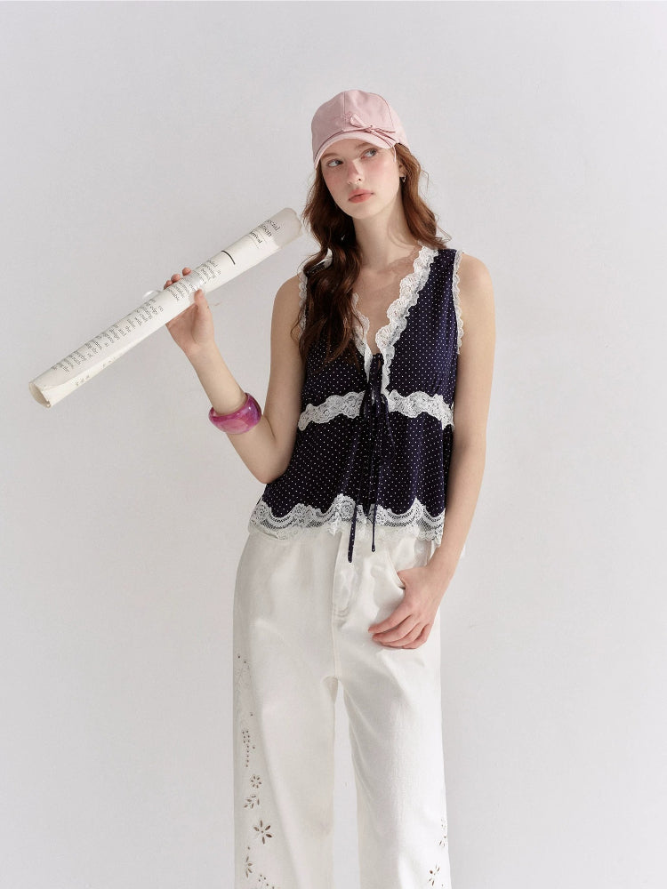 Lace Trim Polka Dot Vest