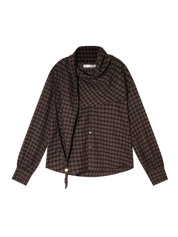 Vintage Plaid Beaded Tie-Scarf Shirt