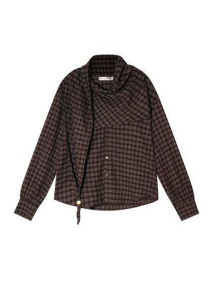 Vintage Plaid Beaded Tie-Scarf Shirt