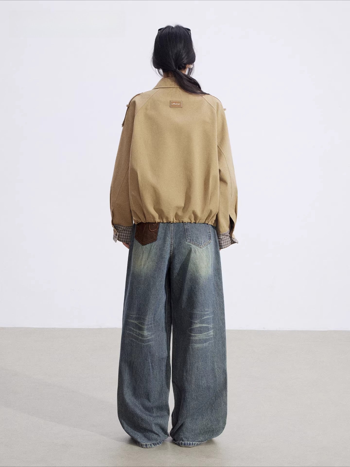 Khaki Plaid Panel Double-Breasted Jacket