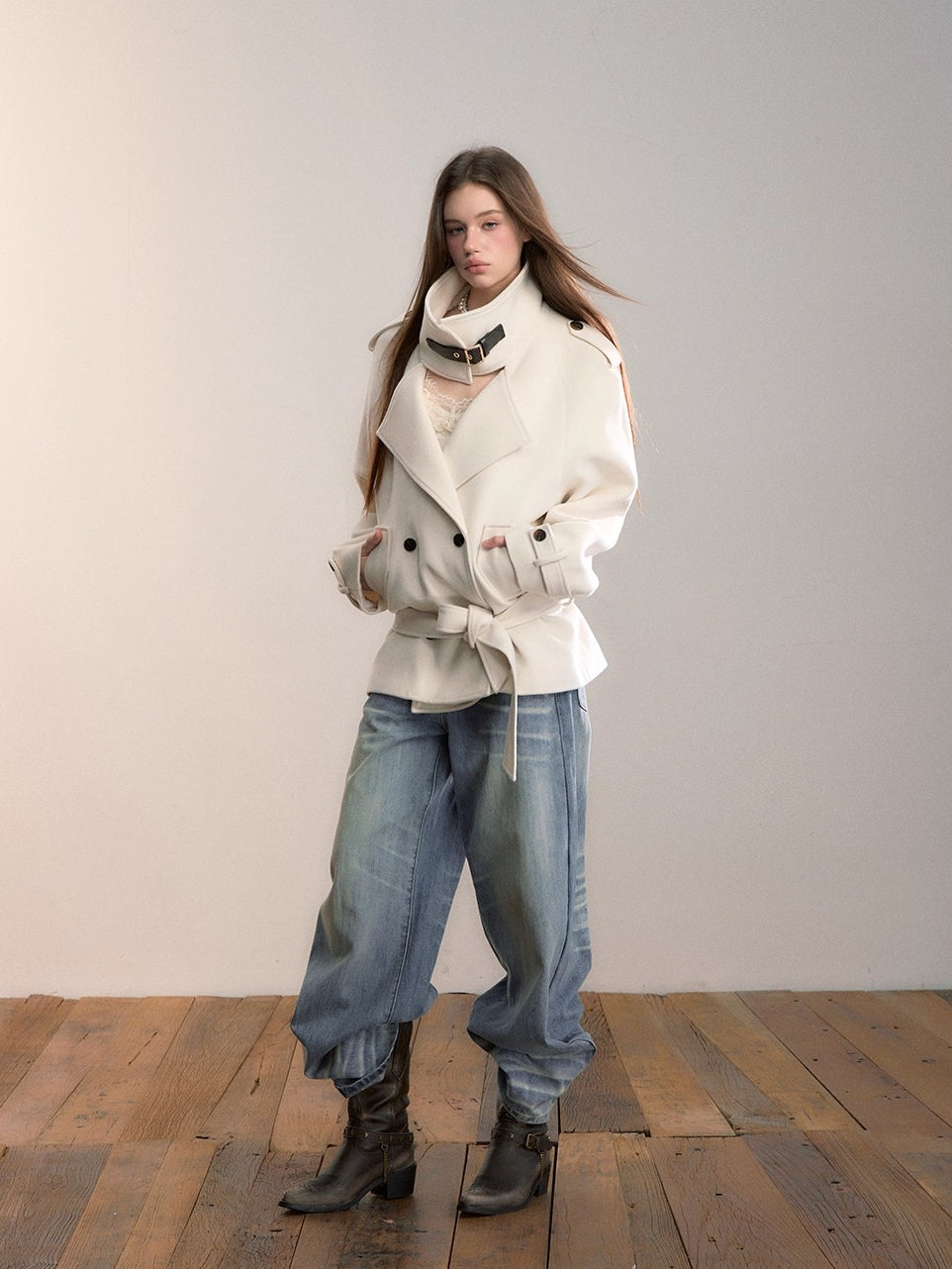 High-Neck Belted Wool Coat