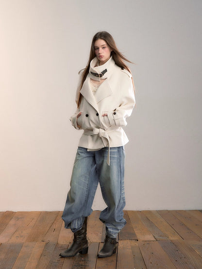 High-Neck Belted Wool Coat
