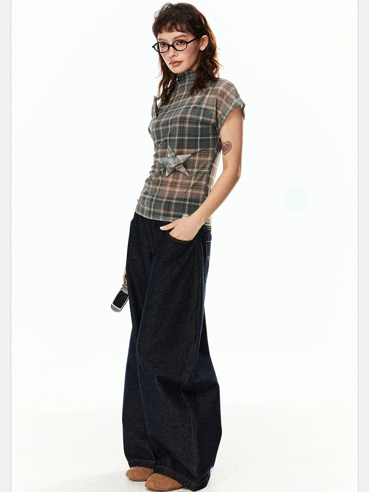 Vintage Plaid Mesh Short Sleeve Top