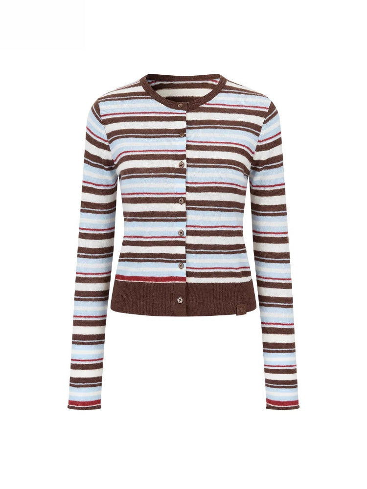 Color-Block Striped Wool Knit Cardigan