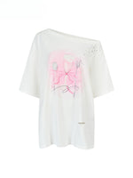 Rhinestone Printed Asymmetric Shoulder Short sleeve T-shirt