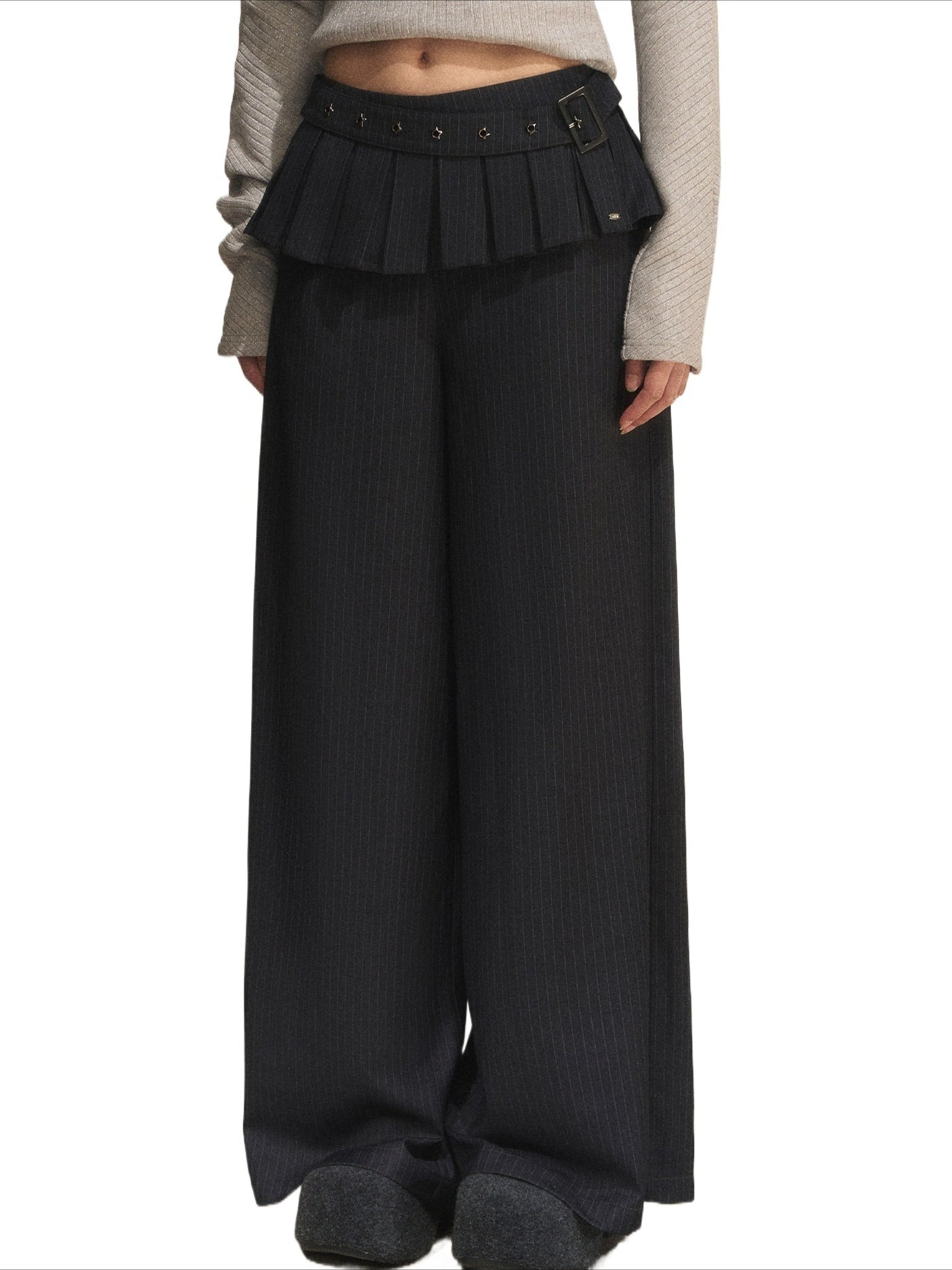 Gray Striped Wide-Leg Pants