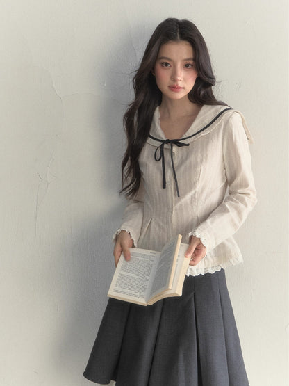 Beige Textured Sailor Collar Shirt &amp; Skirt Set