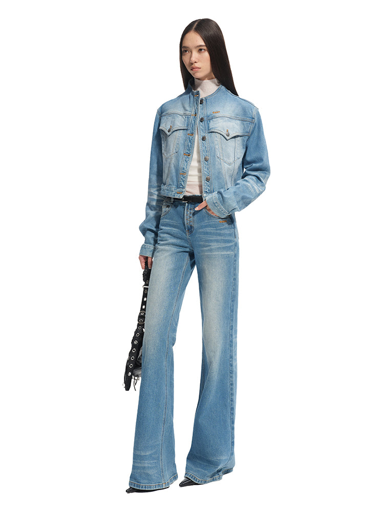 Twill Denim Cat-Whisker Stand-Collar Short Jacket