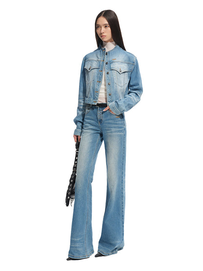 Twill Denim Cat-Whisker Stand-Collar Short Jacket