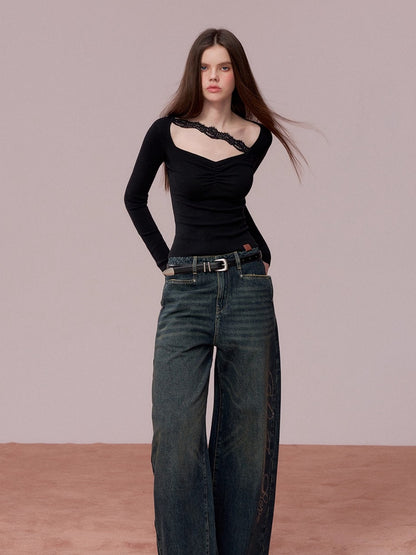 Retro Blue Studded Letter Wide-Leg Jeans