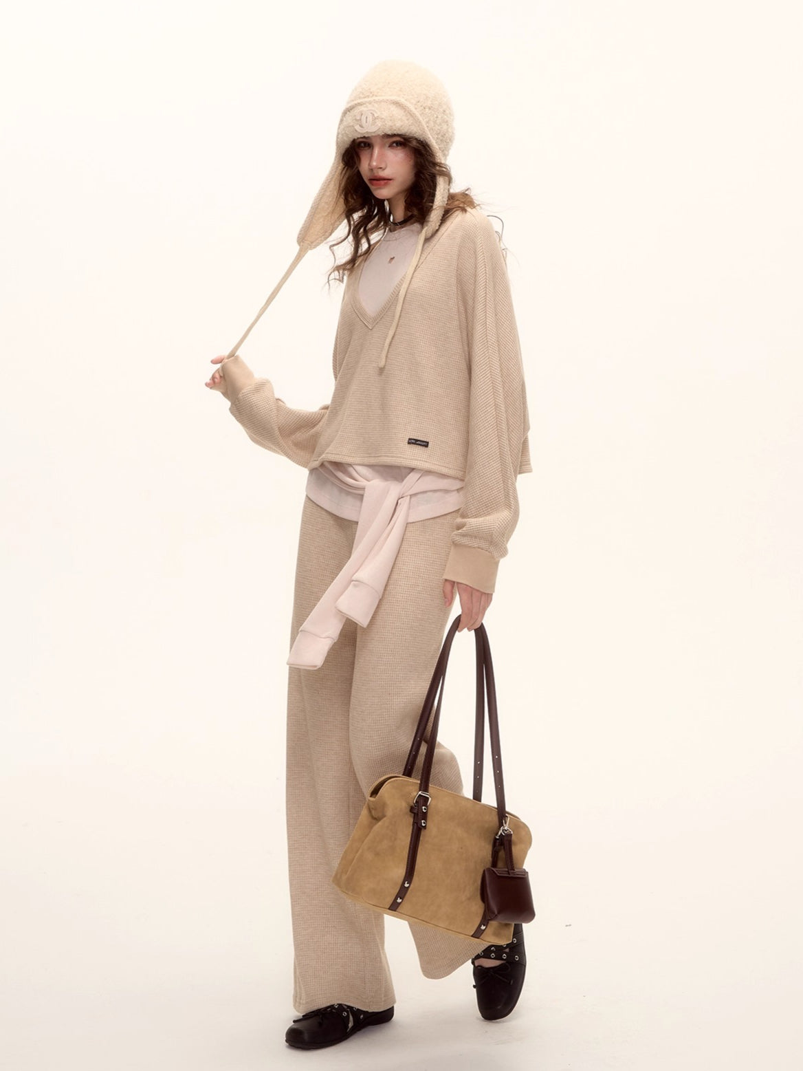 Waffle Knit V-Neck Pullover &amp; Tie Vest Set with Wide-Leg Pants