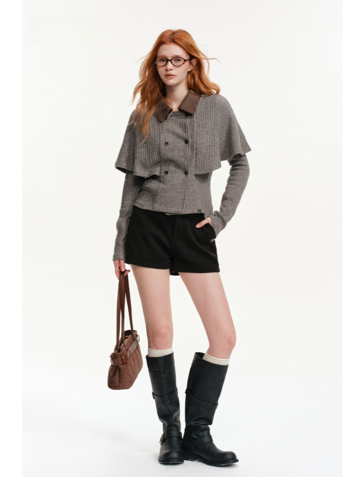 Contrast Collar Cable Knit Cape