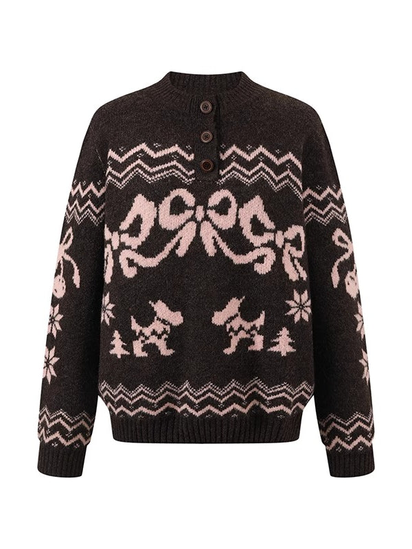 Fair Isle Bow Henry-Collar Sweater