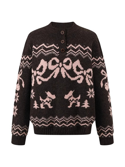 Fair Isle Bow Henry-Collar Sweater
